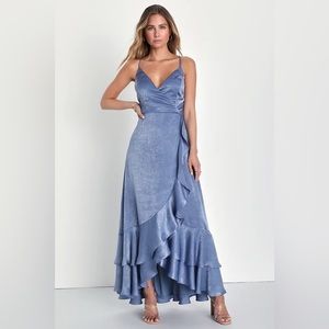 In Love Forever Slate Blue Satin Lace-Up High-Low Maxi Dress - L